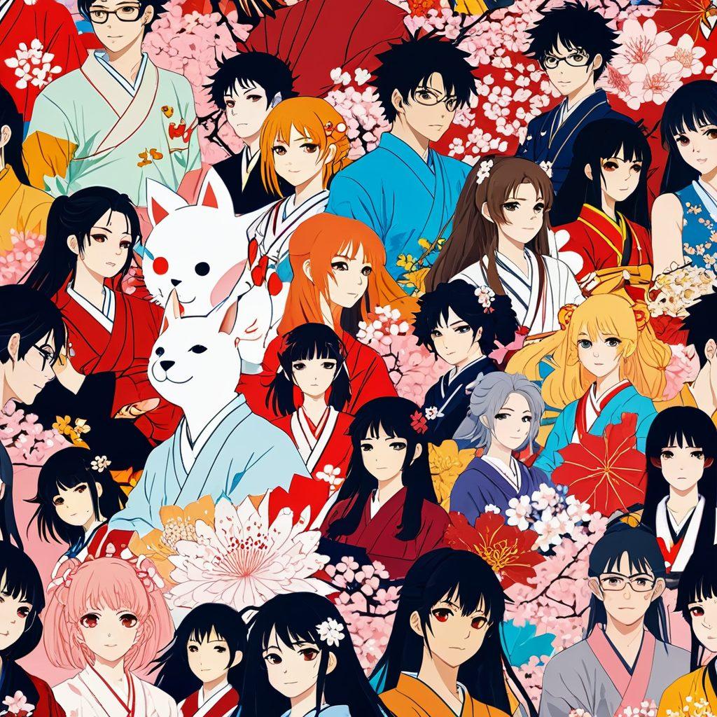 A vibrant and colorful collage showcasing various characters from different hentai styles, representing a spectrum of diversity in gender and ethnicity. The background features iconic anime motifs such as cherry blossoms and traditional Japanese elements, symbolizing the fusion of cultures. Each character should display a unique expression, highlighting the playful and whimsical nature of the genre. The overall composition should exude an inviting and inclusive vibe. bright, super-realistic, vibrant colors.