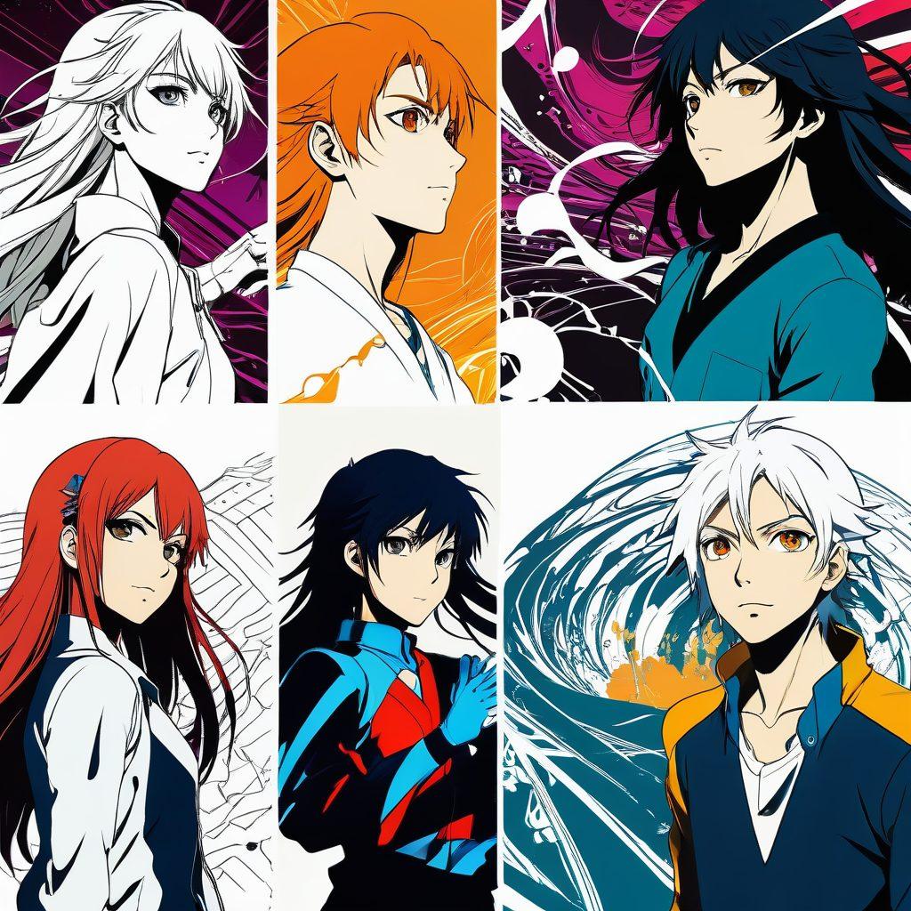 A split-image showcasing the evolution of anime: on one side, vibrant manga panels featuring dynamic characters and expressive emotions; on the other side, a colorful animated scene capturing the essence of adult animation with nuances of modern technology and storytelling. Include elements like iconic anime characters transitioning from sketch to motion, surrounded by visual sound waves and digital effects. Bright and engaging, with a focus on the contrast between traditional and modern styles. vector art. vibrant colors. white background.